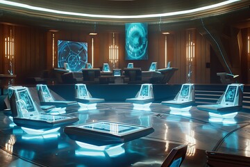 The Kryptonian council chamber with floating seats and holographic displays