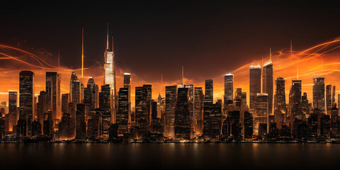 Obraz premium Aerial night view of a modern city illuminated by lights. Ideal for travel websites, city guides, or publications highlighting urban life.