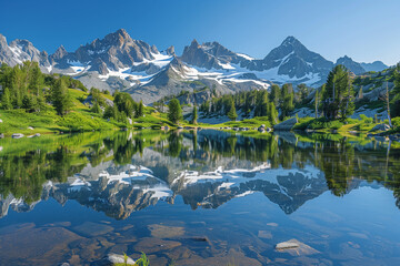 Fototapeta premium Pristine alpine lake reflecting surrounding peaks