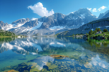 Pristine alpine lake reflecting surrounding peaks