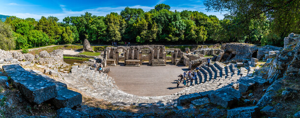 Naklejka premium A panorama view from the top level of the Roman amphitheatre at Butrint, Albania in summertime