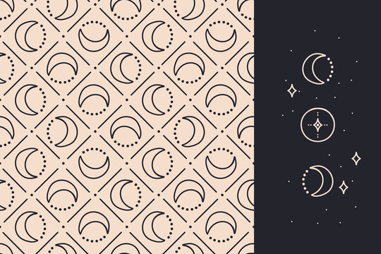 Seamless pattern with doodle moon phases. Simple vector background and design element set. Amulet decorative ornament. Elegant trendy fabric, wrapping paper print, textile design, wallpaper.