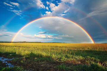 Naklejka premium Rainbow arcing over a field after a summer rain