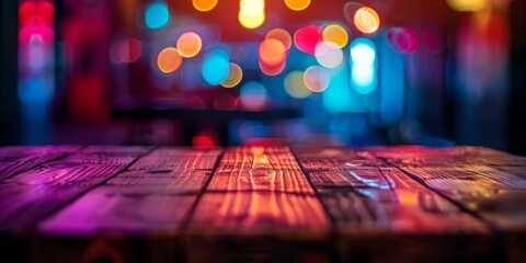 Fototapeta premium Vibrant Neon Lit Bar Scene with Rustic Table Top