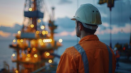 Worker Standing on Offshore Oil Rig at Dusk