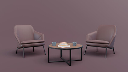 Three dimensional render of modern dining table inside industrial loft. 3d render