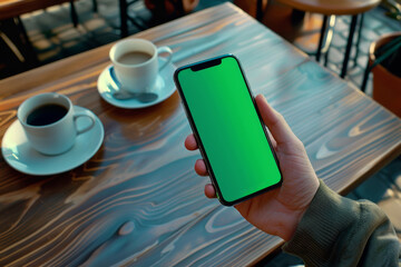 App mockup or mobile concept during coffee time in street cafe, point of view or POV on phone