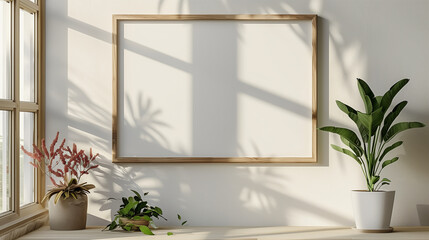 Minimal wooden picture frame mockup on white wall in living room.