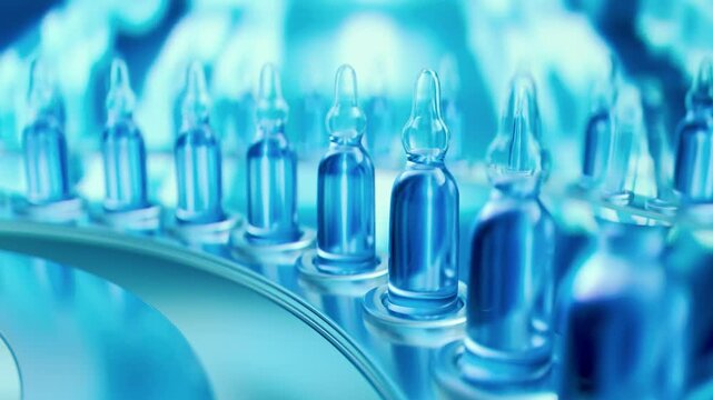 Close-up view of ampules moving along a conveyor belt in a pharmaceutical factory. 3d animation loop 4K