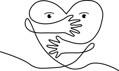 heart symbol with hand embrace line drawing. Minimal contour line art. Good for sign and symbol of love and wedding.eps