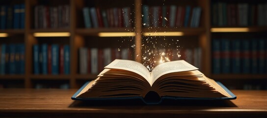 Fototapeta premium A book opened on podium in library. Glowing. Pages flipping