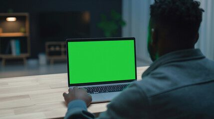 Rear view of african american man working on laptop in office, mockup or concept with green screen