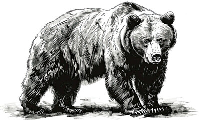 Brown Bear Illustration, Ink Drawing, Line Art Vector, Isolated on White Background