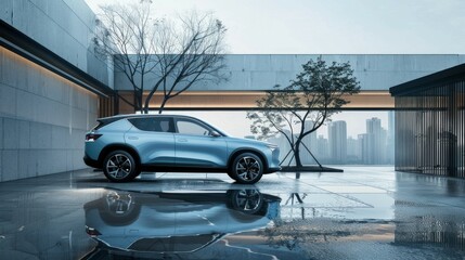SUV car, in light blue color, minimalist style city background 