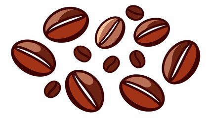 Many coffee beans are arranged on a plain white surface nearby