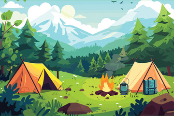 Nature camp landscape with tents, campfire, backpack, and lantern cartoon illustration. Camping concept art. Flat style illustration of beautiful landscape, mountains, forest, tent, and a campfire. 