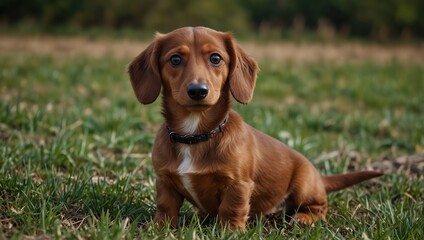  A dachshund puppy is red in the field in the spring. A dachshund with different eyes