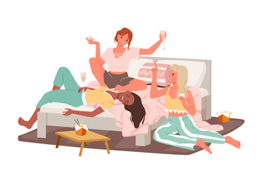 Fun sleepover party of girls best friends in pajamas. Female characters lying on bed in bedroom, laughing and talking, young women drinking wine and eating fast food cartoon vector illustration