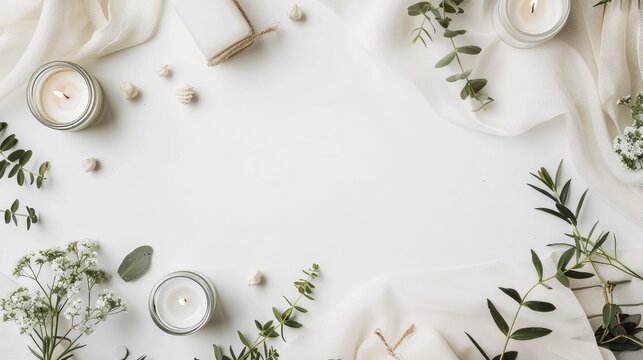 Minimalistic wedding decor flatlay on white backdrop