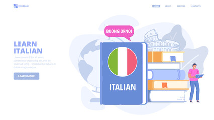 Learn Italian language online, foreign language courses, self education. Design concept for landing page. Flat vector illustration with tiny characters for website, print, banner.