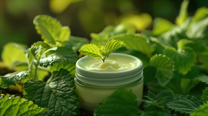 Lemon Balm Leaf Extract in Soothing Cream Jar, Botanical Skincare Concept