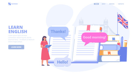 Learn English language online, foreign language courses, self education. Design concept for landing page. Flat vector illustration with tiny characters for website, print, banner.