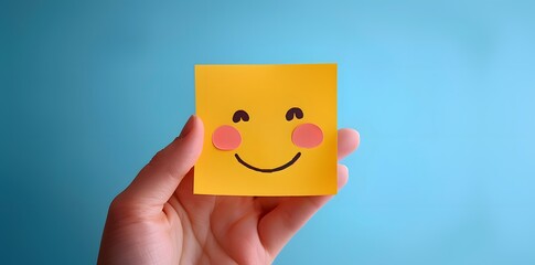 Hand holding paper cut smile face, positive thinking, world mental health day concept, mental health assessment