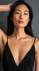 Fototapeta premium Stunning Asian woman in black, elegant poses merging Portrait and Fashion Photography aesthetics