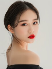 Fototapeta premium Stunning yearold Asian woman with flawless makeup in red lipstick and smokey eye shadow.