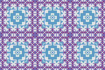 pixel Seamless knitted pattern with repeating elements and intricate designs in blue and purple