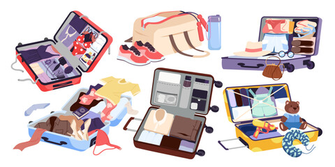 Open travel suitcases and sport bag set. Luggage collection with folded clothes and equipment in neat order and scattered in messy pile, family and childish vacation bags cartoon vector illustration