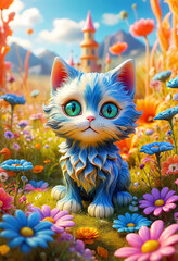 Gato Encantador en Campo de Flores Coloridas