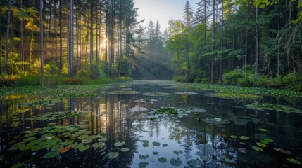 Sunlight Streaming Through a Forest, Illuminating a Pond