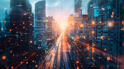 Fototapeta premium Energy Efficient Urban Skyline with Data Driven Transportation Solutions