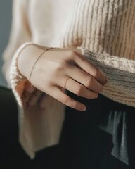 a woman wearing a white sweater and a gold ring