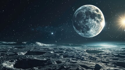  Moon surface in deep bright space. dark sky seen from space High-altitude light up the night sky