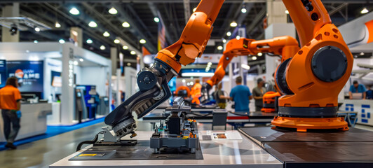 Industrial robotic arms operating at a technology exhibition
