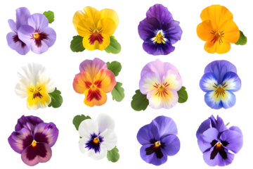 Viola pansy flowers collection isolated on transparent background