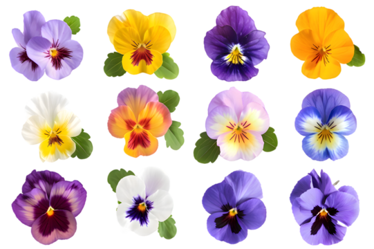Viola pansy flowers collection isolated on transparent background