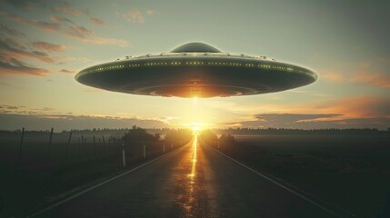 Alien Spacecraft Looming Over Countryside Road