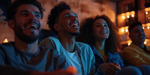 Obraz premium A group of friends cheering on their favorite football team while lounging on the sofa at home. They appear upbeat and content as they stand and grin with confidence, exposing their teeth.