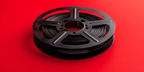 Vintage Film Reel on Red Background for Film Festival Brochure or Decor - Creative and Classic Touch. Concept Film Festival, Red Background, Vintage Film Reel, Creative Decor, Classic Touch