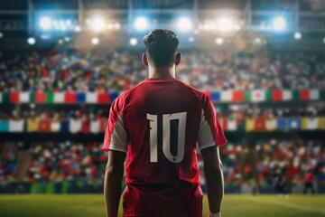Fototapeta premium Entering the packed stadium before a match, a male professional soccer player is seen wearing a jersey from national team with the number ten on the back.