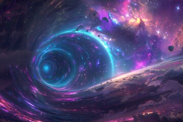 Obraz premium Neon portal to another world. Space with stars.