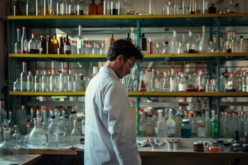 Thoughtful male researcher in a lab coat standing amid shelves of chemical bottles