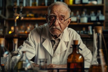 Elderly pharmacist with glasses sits among oldfashioned medicine bottles