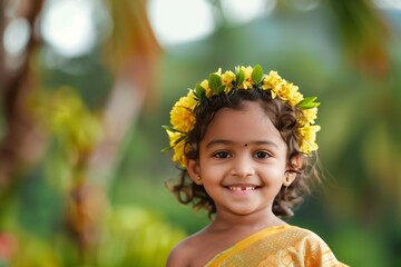 Indian child in festive clothes. Flower decorations. Yellow flower necklace and wreath Celebrating religious traditional holidays in India. Onam. Gudi padwa. Holi. Ratha