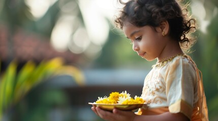 Indian child in festive clothes.  Flower decorations.  Yellow flower necklace and wreath Celebrating religious traditional holidays in India.  Onam.  Gudi padwa.  Holi.  Ratha