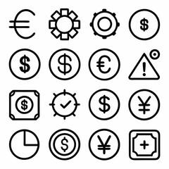 A collection of currency icons displayed against a white backdrop