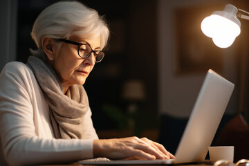 Image of senior student using modern gadgets in cafe indoors generative AI concept